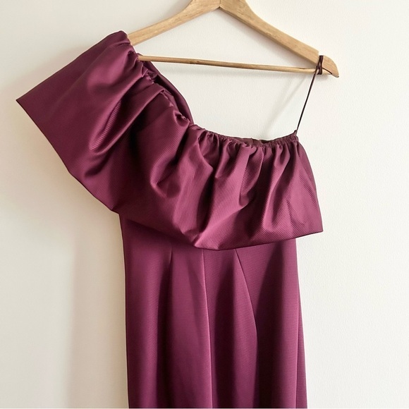 NWT ZAC ZAC Posen Vaille One Shoulder Ruffle Evening Maxi Dress Plum Bridesmaid - Picture 9 of 14